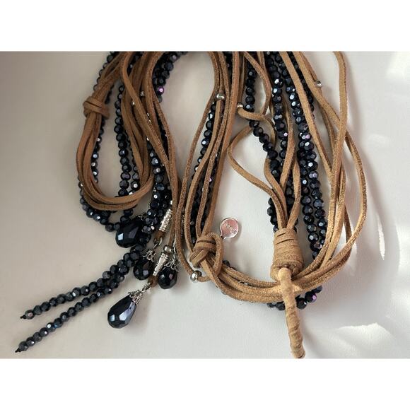 CHICOS Suede Cord Faceted Glass Necklace Belt Long Open Adjustable 48” - Picture 2 of 5